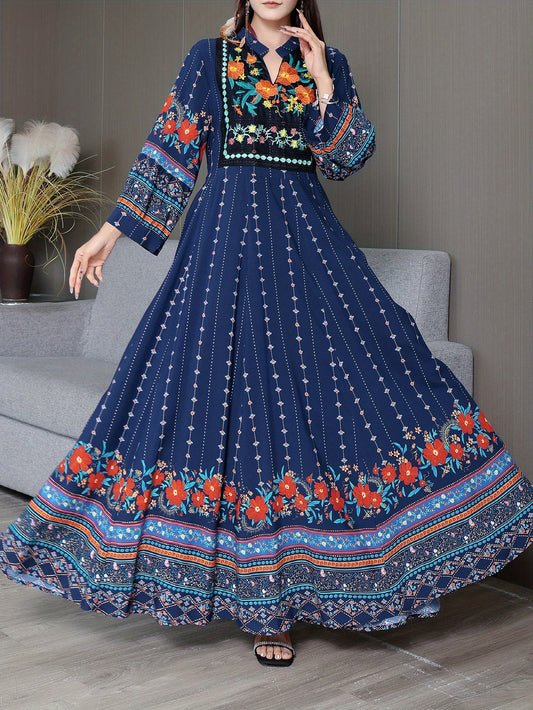 Women's Bohemian Ethnic Print Maxi Dress with Flowing Hem
