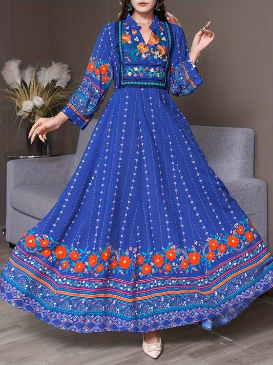 Women's Bohemian Ethnic Print Maxi Dress with Flowing Hem