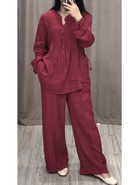 Women's Linen Blend Pleated Shirt & Wide-Leg Trouser Co-Ord Set