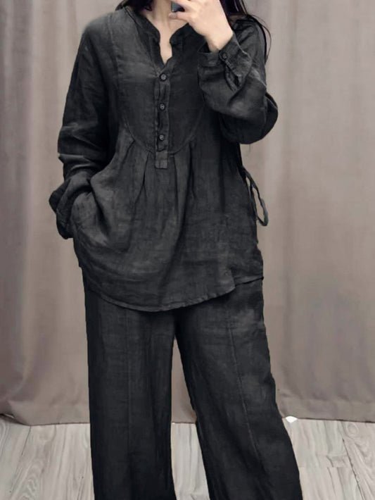 Women's Linen Blend Pleated Shirt & Wide-Leg Trouser Co-Ord Set