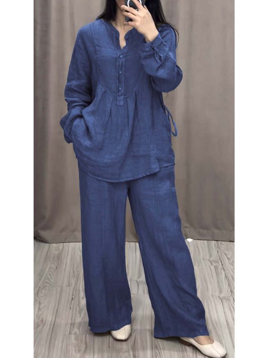 Women's Linen Blend Pleated Shirt & Wide-Leg Trouser Co-Ord Set