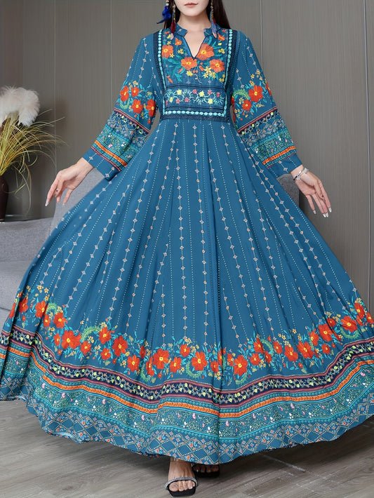 Women's Bohemian Ethnic Print Maxi Dress with Flowing Hem
