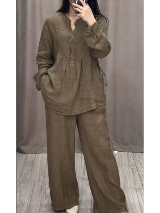 Women's Linen Blend Pleated Shirt & Wide-Leg Trouser Co-Ord Set