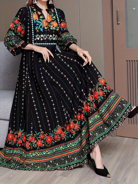 Women's Bohemian Ethnic Print Maxi Dress with Flowing Hem
