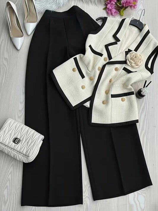 2-Piece Contrast Collar Blazer and Pencil Skirt Set Boosts Workplace Confidence